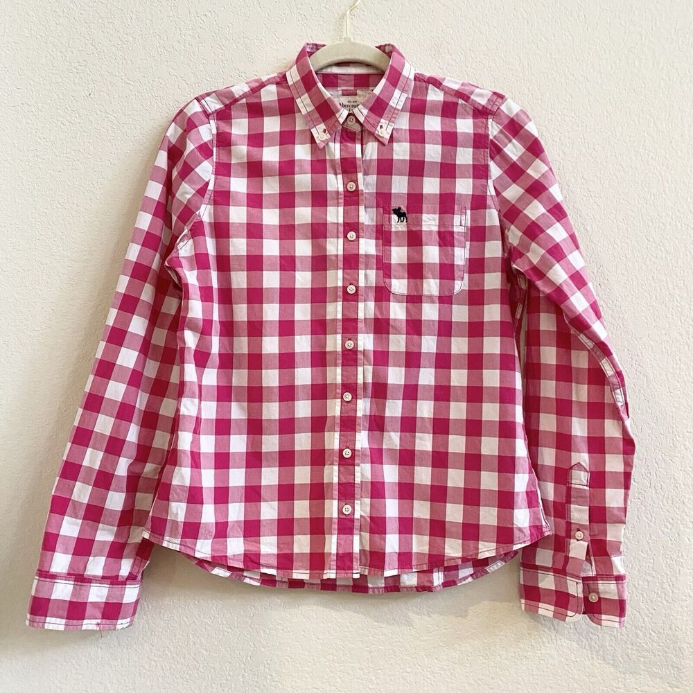 Abercrombie & Fitch Womens Pink White Plaid Logo Long Sleeve Button Down Cotton